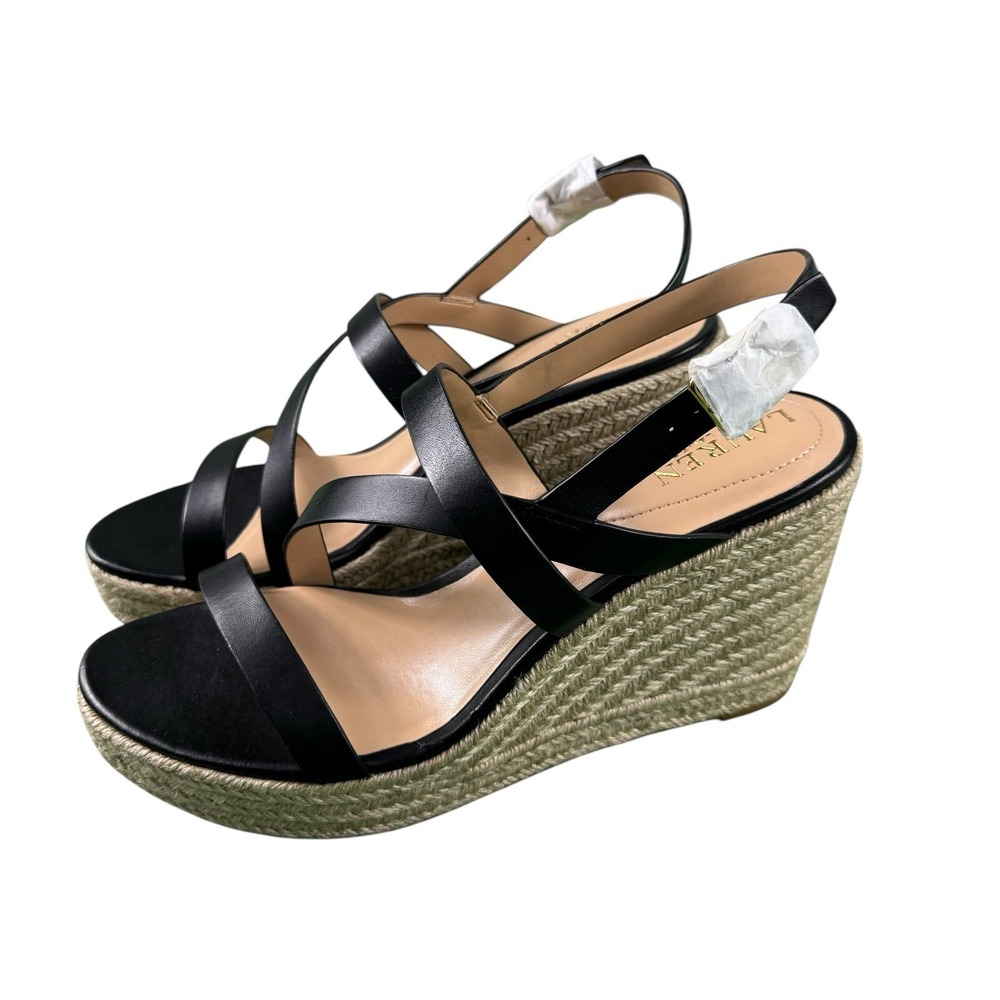Lauren Ralph Lauren Haleigh Black Leather Platform Wedge Sandals Womens 11B NIB